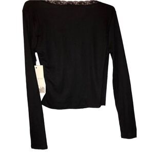 NWT LOVE WINS Women’s Black Top Blouse Open V-Neck Lace Detail Long Sleeves